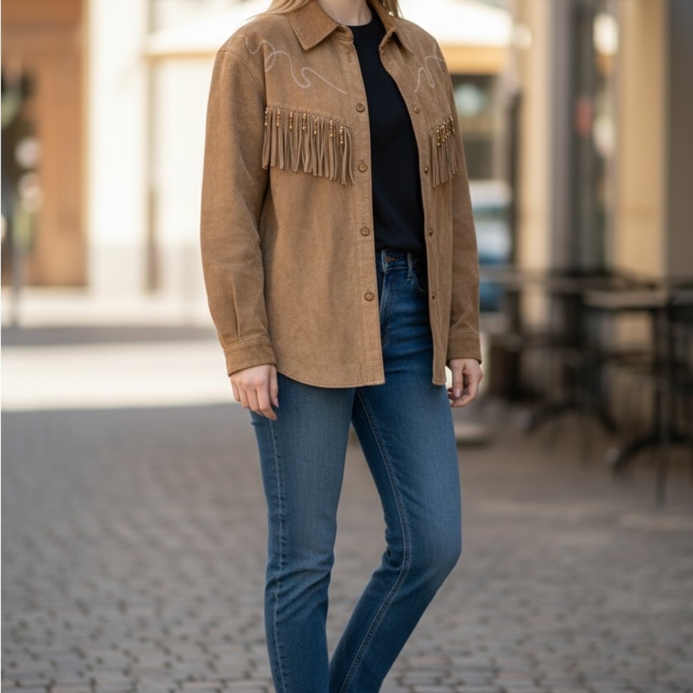 Vintage 90s COMINT Brown Suede Leather Fringed Jacket - Lined - S